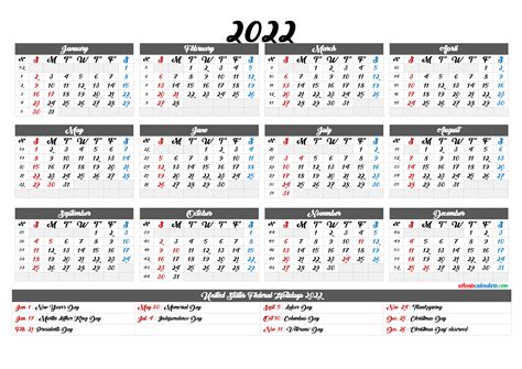 Free Printable 2022 Yearly Calendar With Holidays 6 Templates