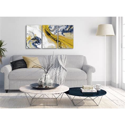 Mustard Yellow And Blue Swirl Living Room Canvas Pictures