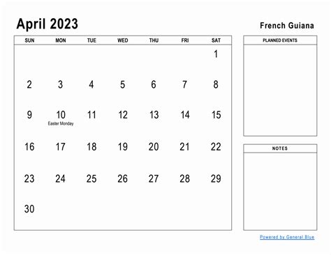 April 2023 Planner With French Guiana Holidays