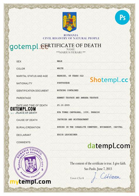 Romania Death Certificate Psd Template Completely Editable Gotempl