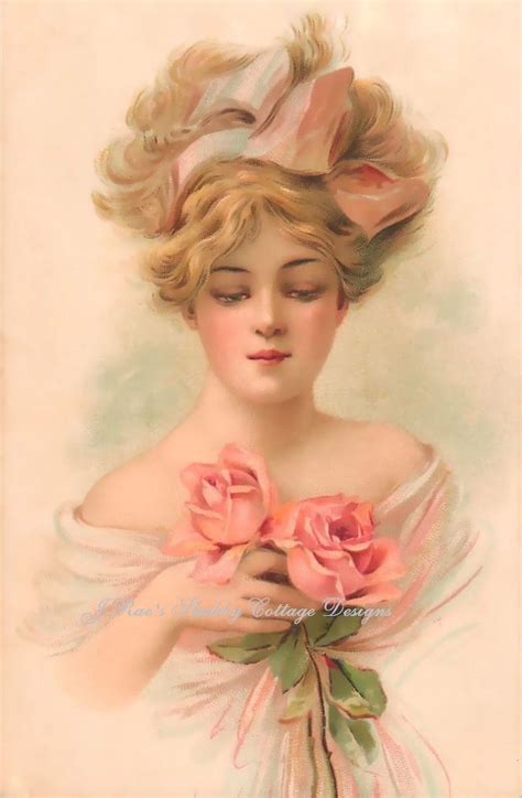 Lovely Victorian Lady Gorgeous Pink Roses REPRO Print Fabric Block X OR X EBay Vintage