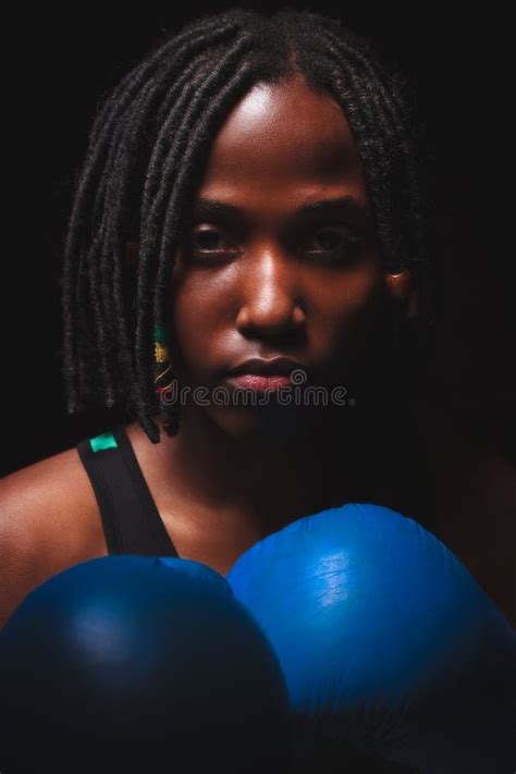 Beautiful Woman With The Blue Boxing Gloves Dark Background Stock