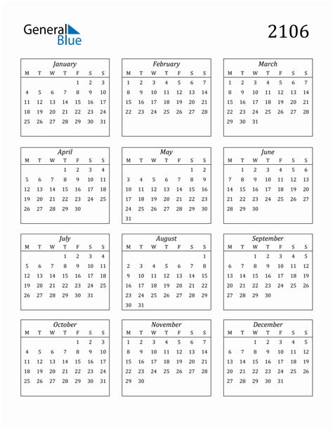 2106 Blank Yearly Calendar Printable