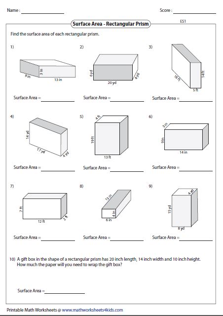 Volume And Surface Area Of A Rectangular Prism Worksheets