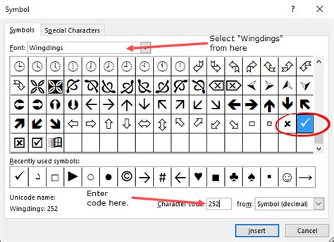Insert Check Mark In Excel From Select Symbol Wingding 252 Symbols