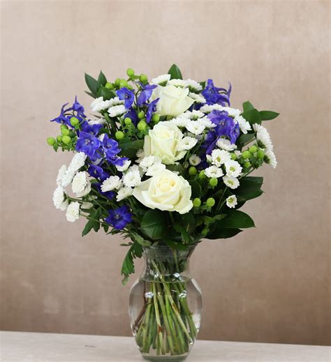 White Roses And Blue Delphiniums Bouquet Nova Blooms Uk