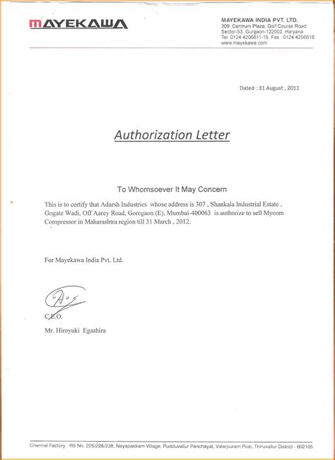 Representation of authority of parties/signatories clause of a contract. Authority Letter : Brand Authorization Letter / For ...