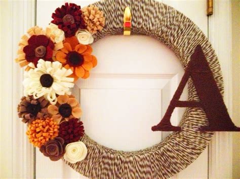 Fall Autumn Yarn Wreath With Wrapped Initial And Handmade