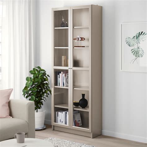 Billy Bookcase With Glass Doors Grey Metallic Effect 80x30x202 Cm Ikea
