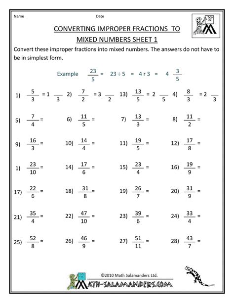 Converting Fractions Into Mixed Numbers Worksheet