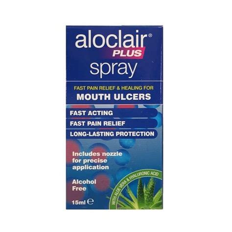 Aloclair plus spray is a convenient spray format allows easy administration, as you only have to point to the wound and perform two or three sprays to cover it completely. ALOCLAIR PLUS MOUTH ULCER SPRAY (15ML) - Foley's Chemist ...