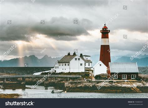 Norway Landscape Tranoy Lighthouse Sunset Sea Stock Photo 734880301