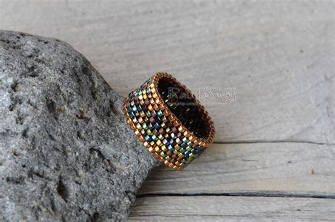 Gold Iridescent Peyote Ring Beaded Striped Ring Multicolor Etsy