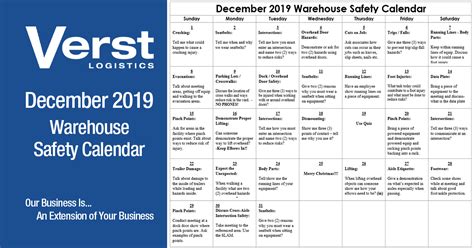 December 2019 Warehouse Safety Calendar