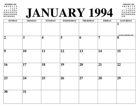 January 1994 Calendar Of The Month Free Printable January Calendar Of