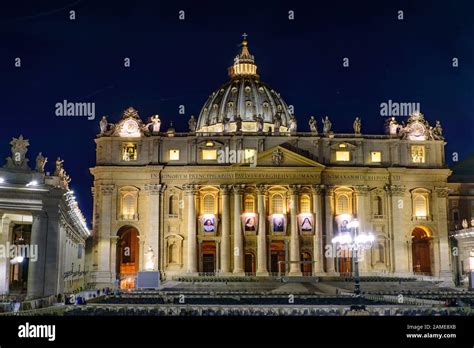Night View Of St Peters Basilica In Vatican City The Largest Church