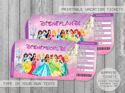 Princess Surprise Trip Ticket Printable Editable File Disneyland
