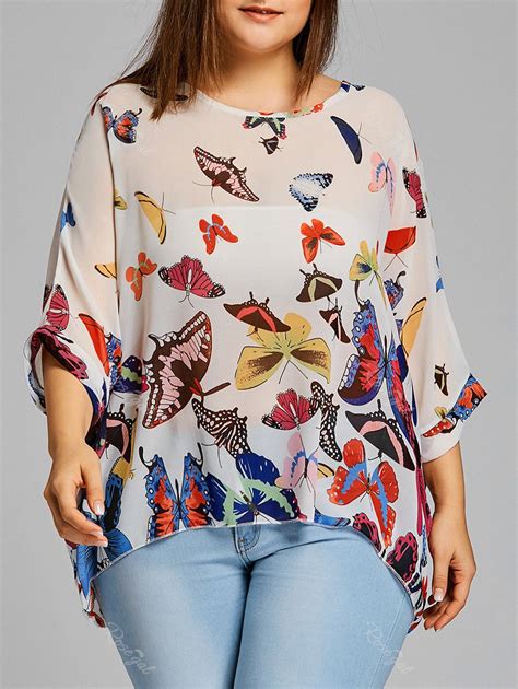 2018 chiffon butterfly print plus size blouse in white one size