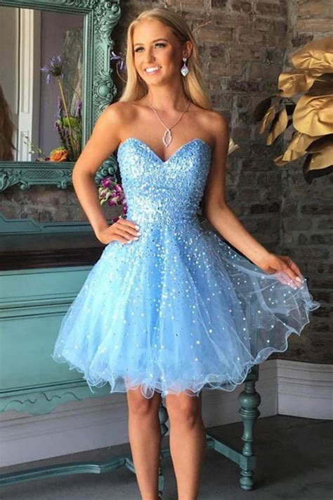 Blue Sweetheart Neck Sequins Tulle Short Prom Dresses Cute Blue Homec Abcprom
