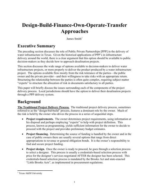 Design Build Finance Own Operate Transfer Approaches