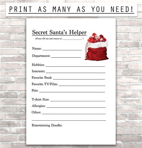 Secret Santa's Helper. Printable Secret Santa form. | Etsy