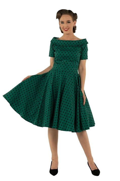 Darlene Retro Polka Dot Swing Dress In Dark Green Swing Dress Swing Skirt Dress Dress