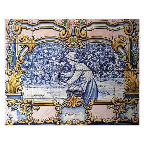 Azulejos Portuguese Hand Painted Tile Mural Grape Harvest Signed By