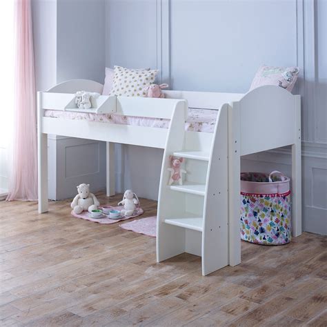 You can push the two separate back cushions partially or all the way down, to create an ideal spot for a nap or a twin bed. Eli Kids Mid Sleeper Bed In White - Kids Avenue | Cuckooland