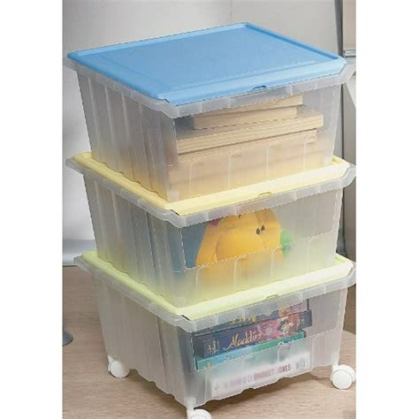 Three Stackable See Through Storage Bins With Hinged Lids