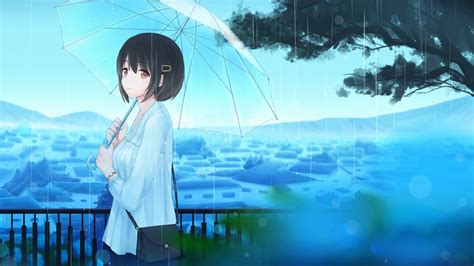 Download 1600x900 Wallpaper Rain Anime Girl Original Umbrella
