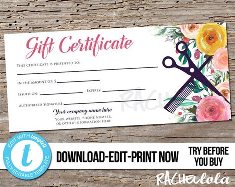 editable custom floral hair salon gift certificate