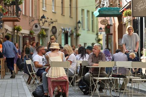 People In Vilnius Old Town Street Cafe Editorial Photo Image Of
