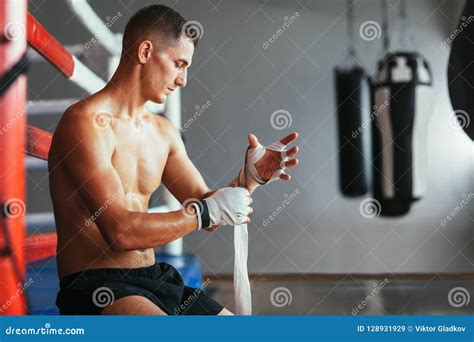 Male Boxer Is Wrapping Hands With Boxing Wraps Stock Image Image Of