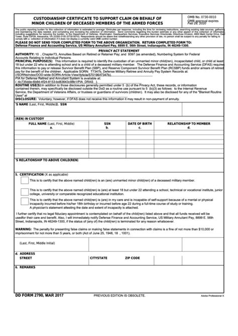 Fillable Dd Form 2790 Custodianship Certificate To Support Claim On