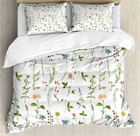 Floral Duvet Cover Set Spring Season Themed Watercolors Painting Of Herbs Flowers Botanical