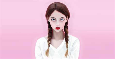 Brunette Red Lipstick Blue Eyes Face With Braids Wallpaperhd Artist