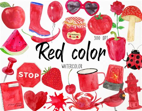 Watercolor Red Clipart Red Color Clipart Red Objects Etsy