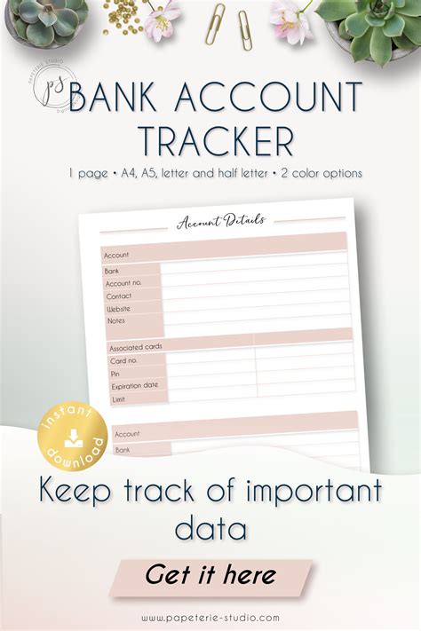 Printable Bank Account Information Tracker Finance Planner Printable