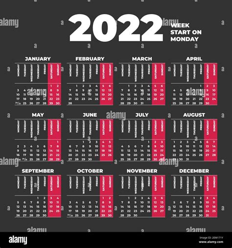 2022 Modello Di Calendario Con Settimane A Partire Da Lunedì Immagine E