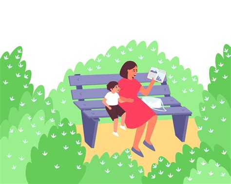 Mom Reads A Book To Her Son Sitting On A Park Bench 7383108 Vector Art At Vecteezy