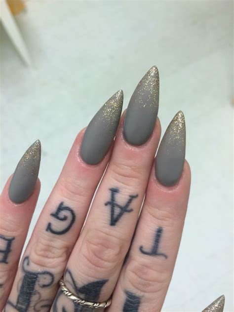 Matte Gray And Gold Glitter Stiletto Nails How To Do Nails Fun Nails