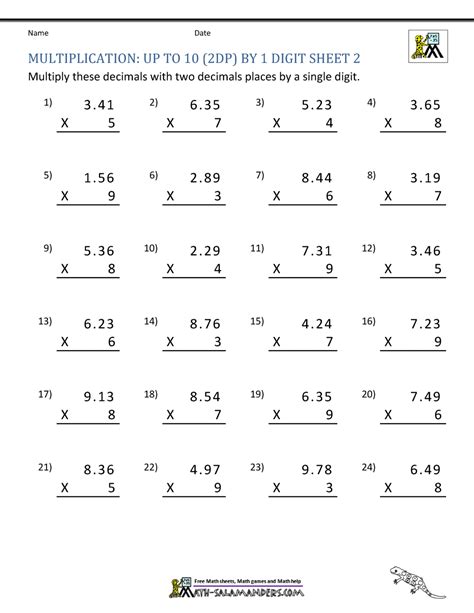 Multiply the decimals to find the product of the two decimal numbers, same like multiplying whole numbers. Printable Multiplication Sheet 5th Grade