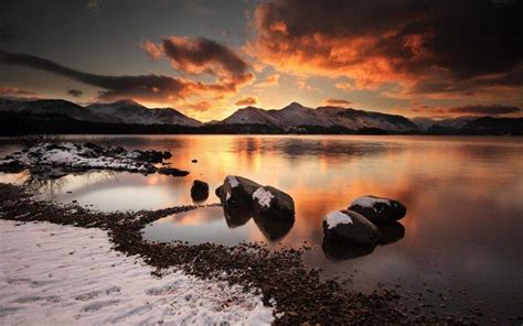 Landscape Lake Sunset Stones Mountain Snow Wallpapers