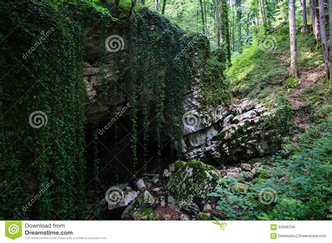 Mysterious Cave Entrance In Big Stone With Liana In Forest Stock Photo