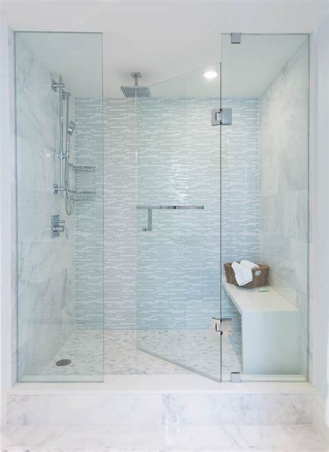 Incredible Extra Large Walk In Shower Features A Seamless Glass Door Framing A Large Marble Tile