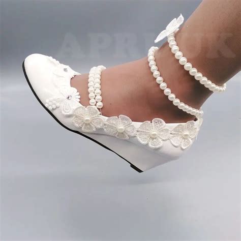 Lace Wedges Heeled Wedding Shoes Bride Handmade Ivory Lace Flower