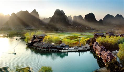 Village At The Li River At Night China