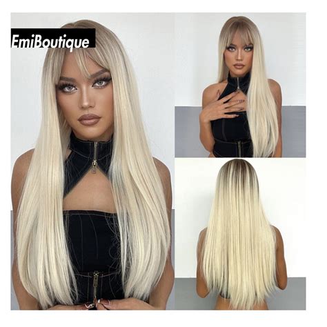 Long Straight Synthetic Hair Wigs For Women Ombre Black Blonde Etsy