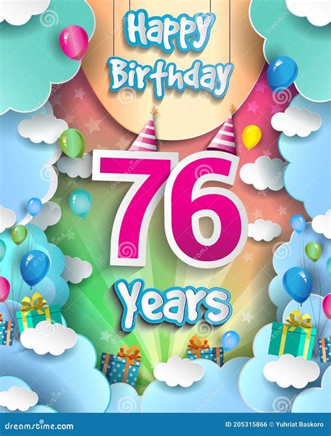 76th Years Birthday Design For Greeting Cards And Poster With Clouds