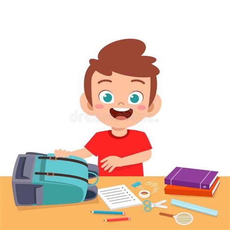 Happy Cute Kid Boy Prepare Bag For School Stock Vector Illustration